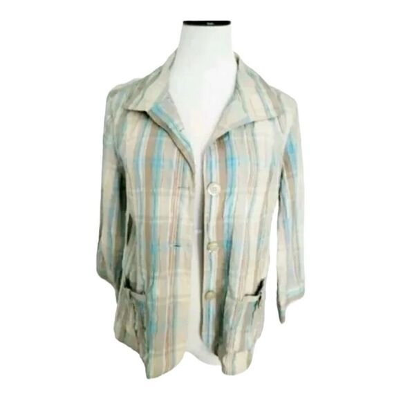 Christopher & Banks Stretch Blue Brown Crinkle Jacket Size L Button-Up Pockets - Picture 1 of 13
